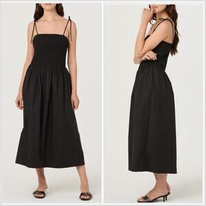 ASTR the Label Drop Waist Smocked Cotton Midi Dress Black Medium Minimalist NWT